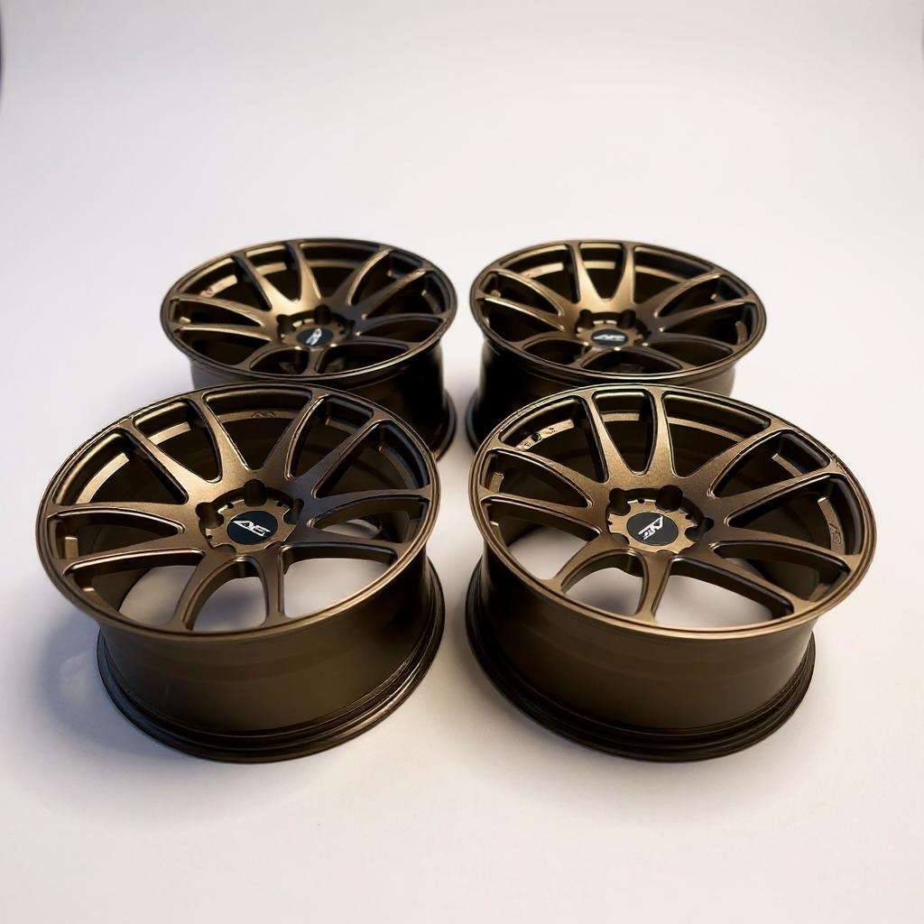 Four bronze alloy wheels on a white background