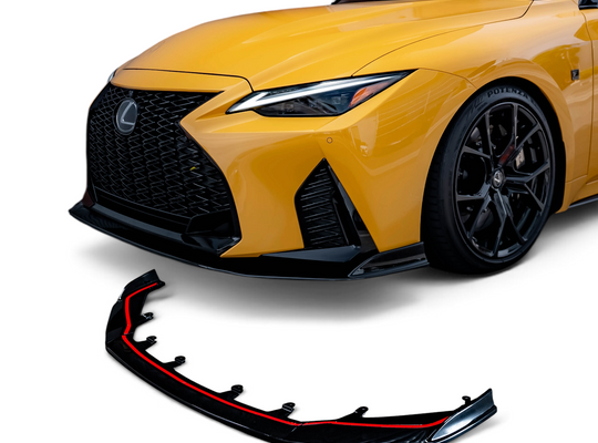 GTS-style gloss black front lip installed on a 2022–2025 Lexus IS500 F SPORT Performance