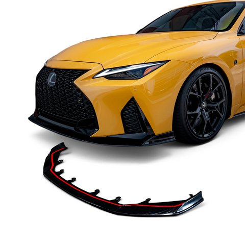 GTS-style gloss black front lip installed on a 2022–2025 Lexus IS500 F SPORT Performance